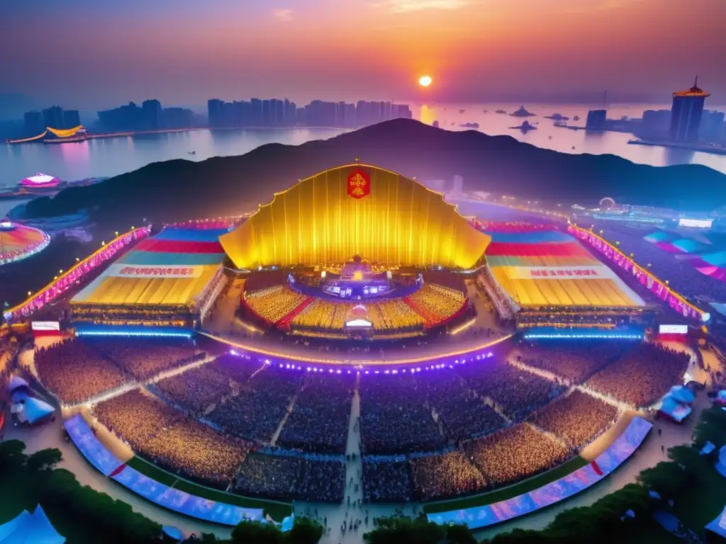 Festival de la Cerveza en Qingdao, China: una vista aérea deslumbrante con miles de asistentes y la icónica skyline de Qingdao