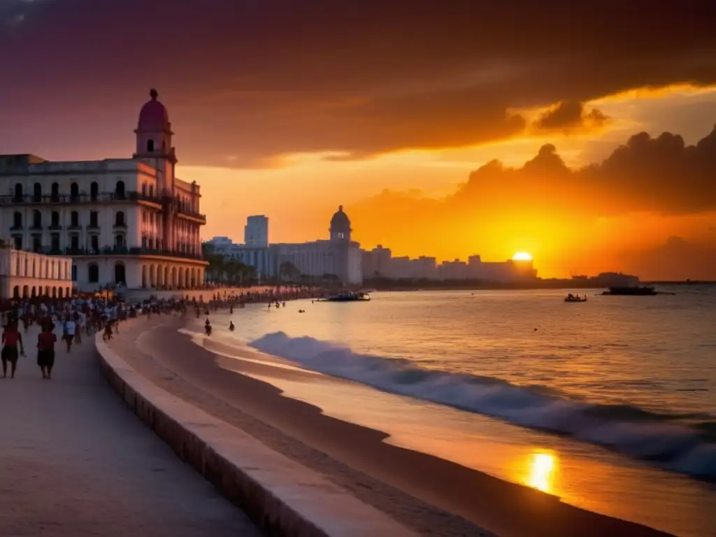 Festival Cine Latinoamericano en Cuba: Puesta de sol dorada sobre el Malecón de La Habana, con actividad y pasión en el aire