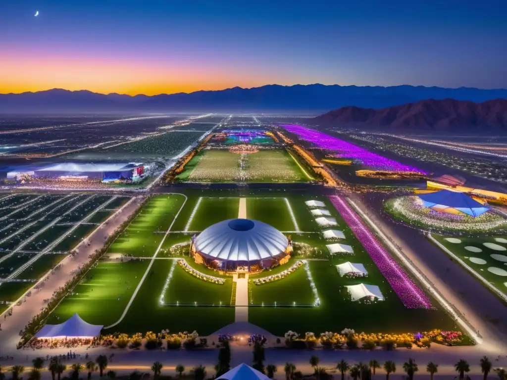 Sostenibilidad en Coachella: vista aérea mágica, ecoamigable, con energía solar, reciclaje y turbinas eólicas