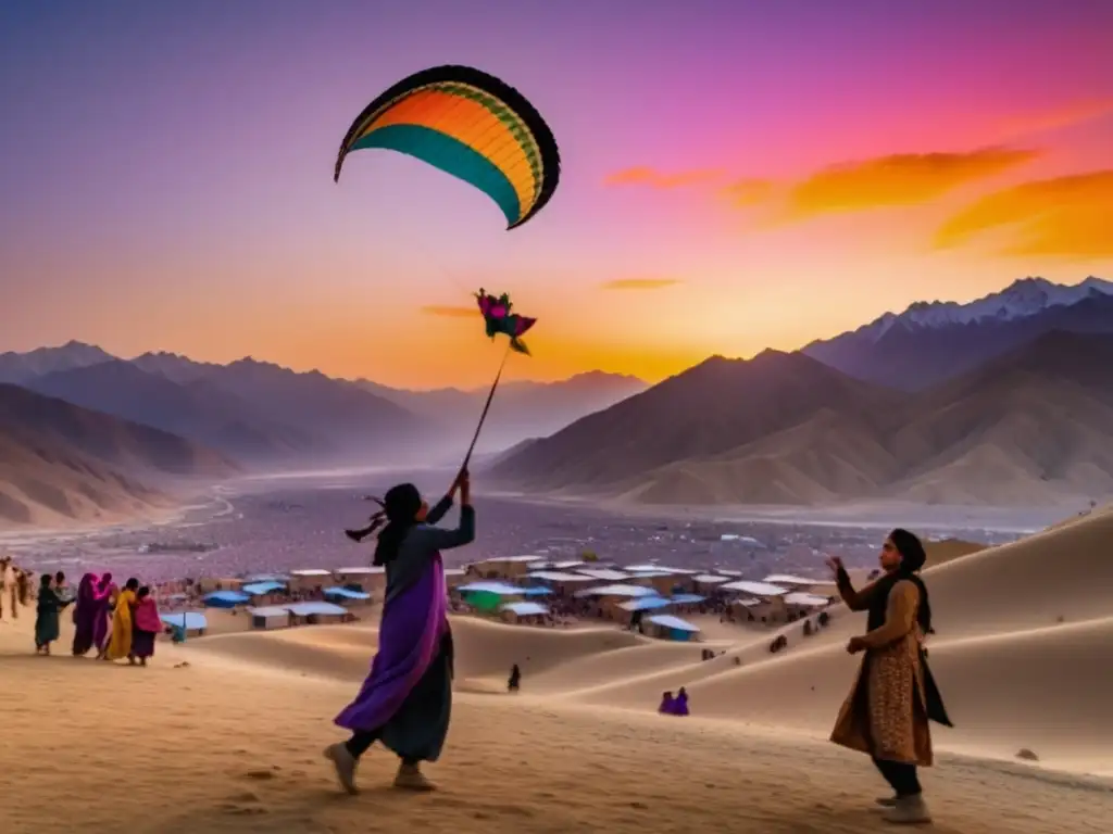 Festival de cometas tradicional en Afganistán: montañas doradas, cielo vibrante, niños felices y coloridos cometas danzando en el viento