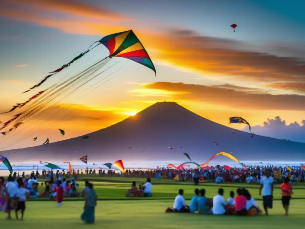 Festival de las cometas en Bali: Kites multicolores danzan en el cielo al atardecer, creando un espectáculo mágico