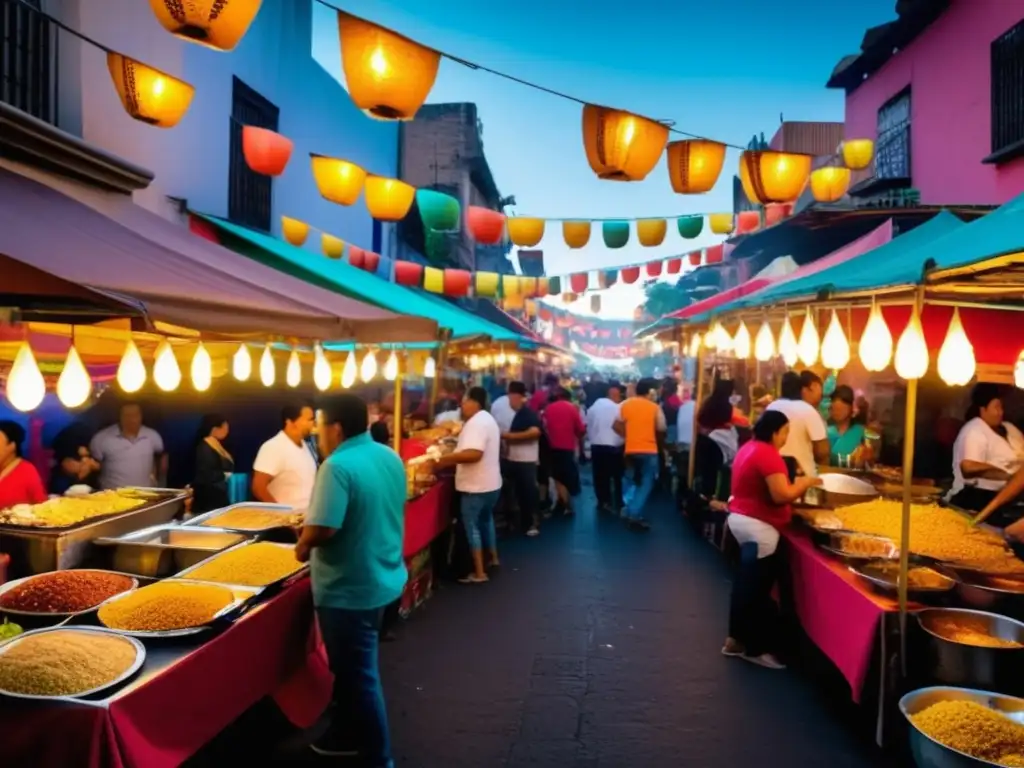 Festival de comida callejera en México, con puestos llenos de deliciosos platillos y multitudes vibrantes