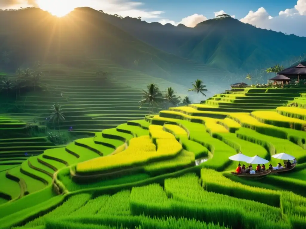 Festival Cosecha de Arroz en Bali: paisaje de terrazas verdes, agricultores en trajes tradicionales celebrando la abundante cosecha