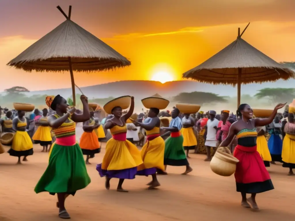 Celebración tradicional de la cosecha en Ghana, con danzas, música, y paisajes vibrantes en un festival único