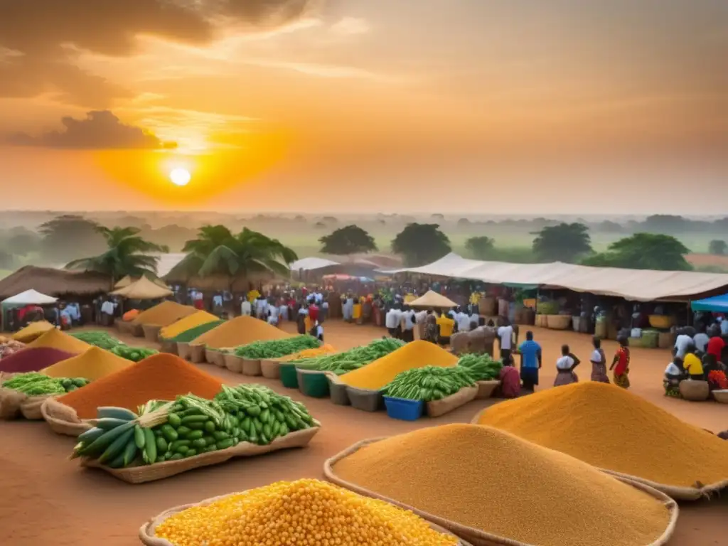 Celebración tradicional de la cosecha en Ghana: mercado bullicioso, colores vibrantes, productos frescos, música festiva