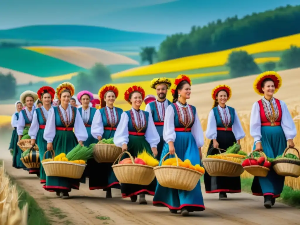 Un vibrante Festival de la Cosecha en Ucrania: trajes tradicionales, colores vivos y abundancia en la hermosa campiña ucraniana