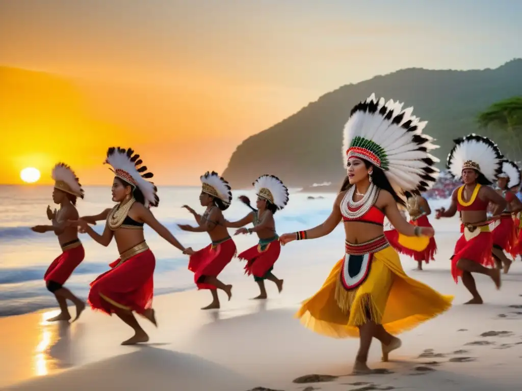 Festivales tradicionales del Pacífico en Oceanía, danzas indígenas, trajes vibrantes, pueblo costero, atardecer mágico, conexión cultural ancestral