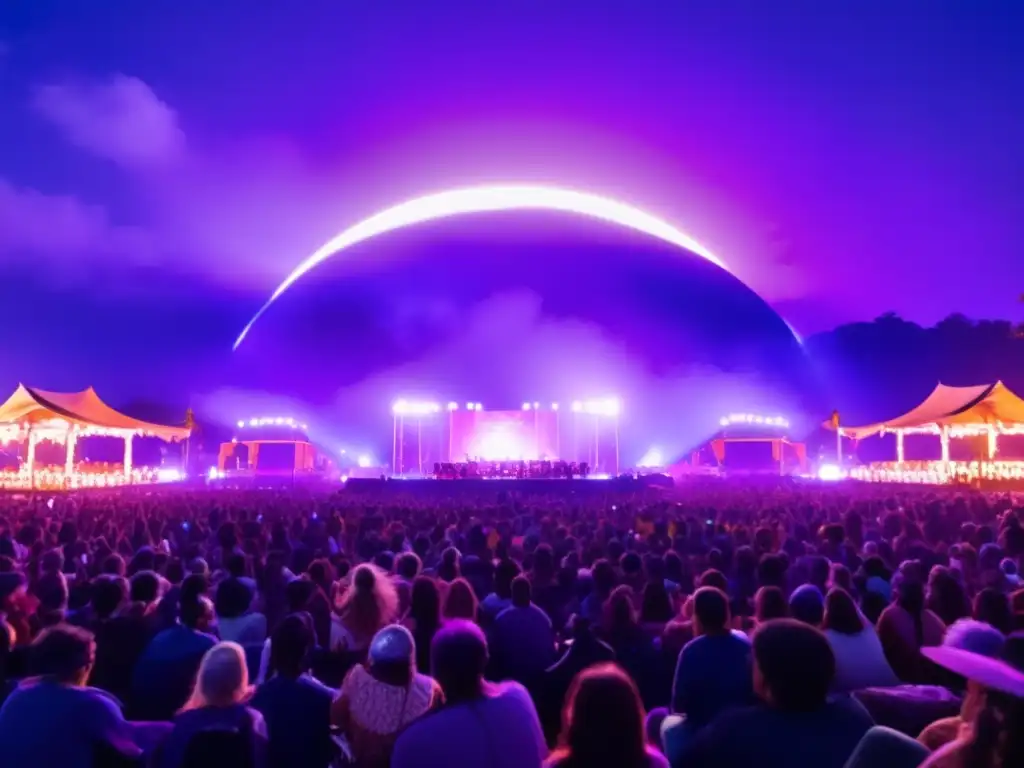 Festival cultural música alternativa: escena vibrante con músicos de diferentes géneros y público diverso, expresando la integración de tradiciones