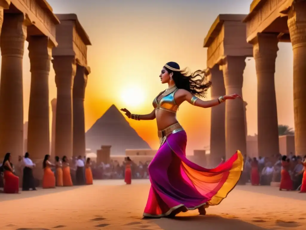 Festival Danza Vientre Egipto: sensualidad, energía y magia en este fotorealista espectáculo de danza sobre un templo antiguo al atardecer