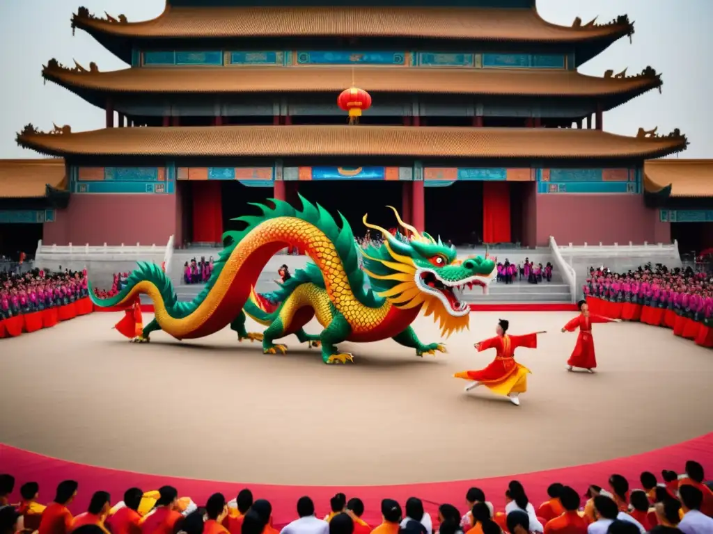 Festival Danza Dragón China: majestuoso espectáculo cultural con vibrantes colores, arquitectura tradicional y una danza cautivadora