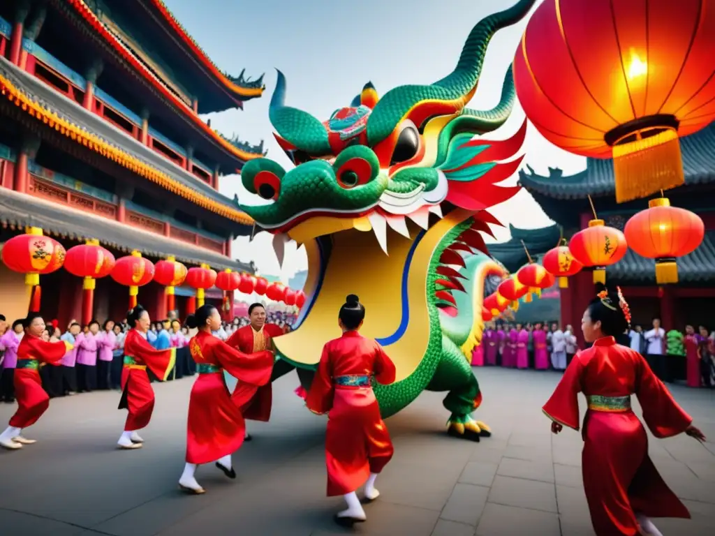 Festival Danza Dragón en China: vibrante imagen de calle adornada, dragones danzantes, espectadores asombrados y arquitectura antigua