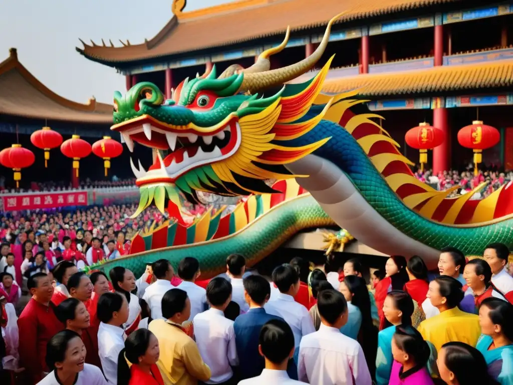 Festival Danza Dragón China: calle colorida, multitud emocionada, dragón majestuoso, performance cautivadora