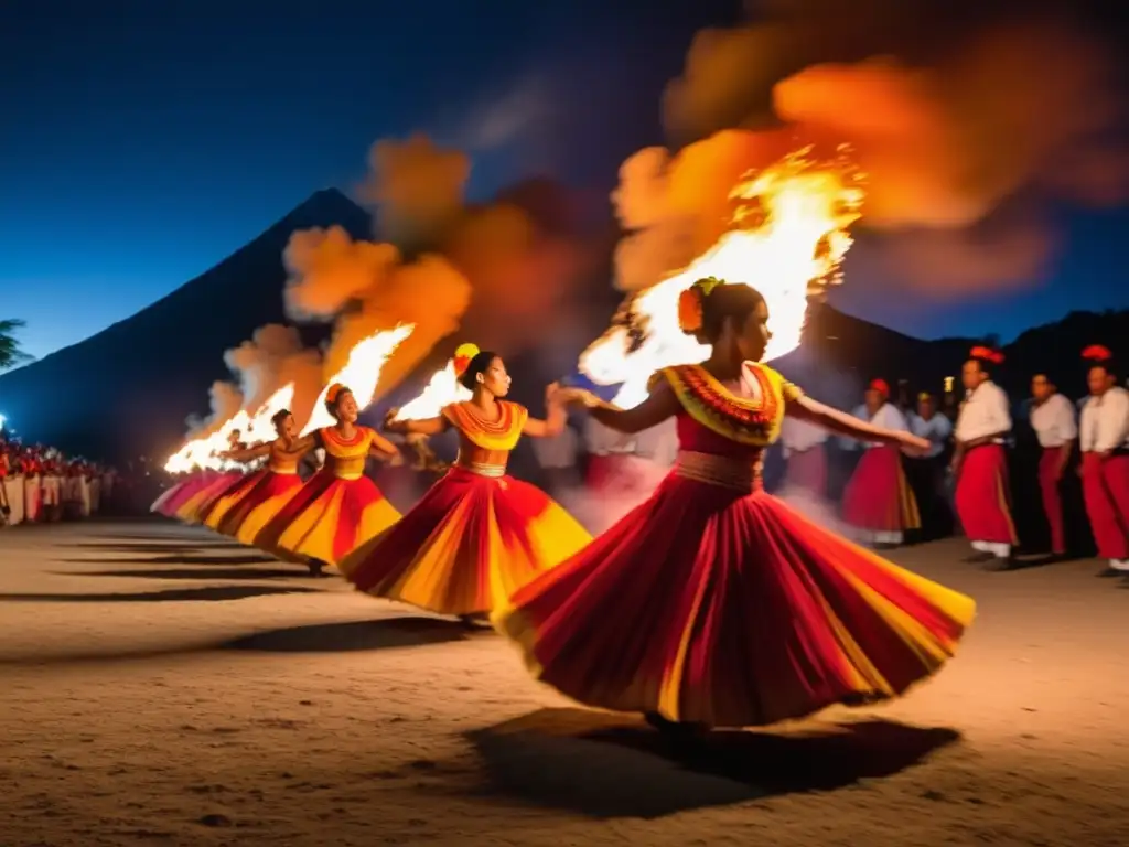 Festival Danza Fuego Guatemala: Flamas danzan, trajes tradicionales, paisaje nocturno, belleza cultural