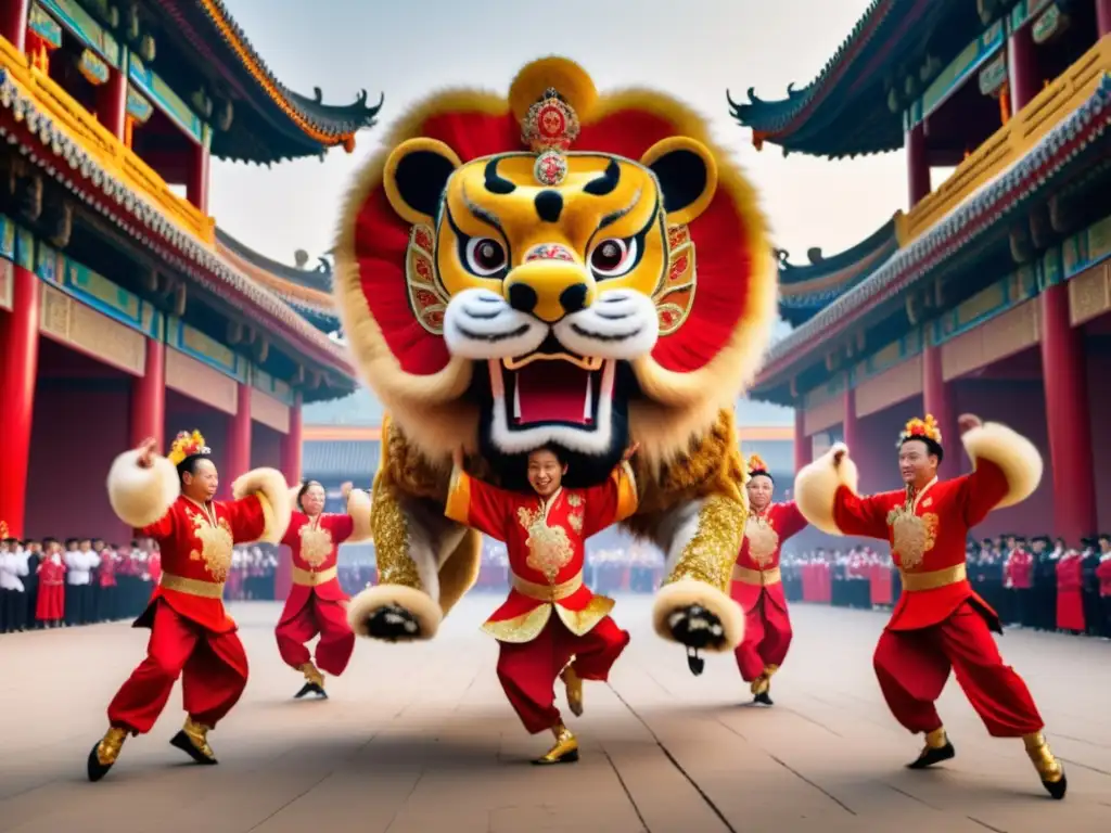 Festival Danza León China: Escena mágica, leones danzan en trajes brillantes bajo una lluvia dorada