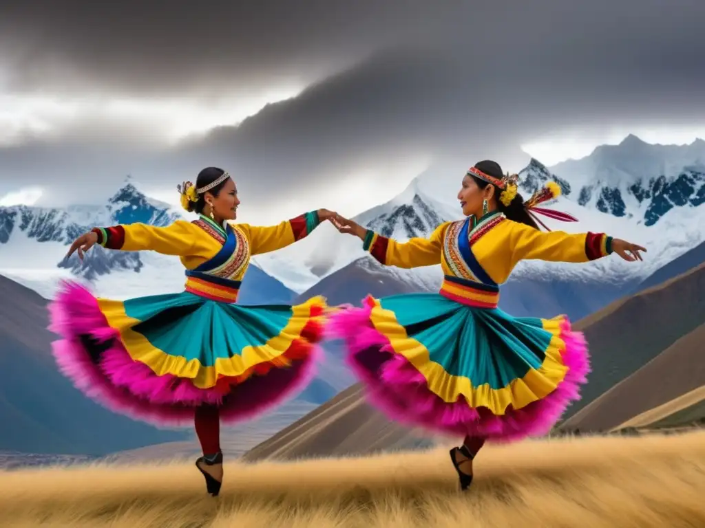 Festival tradicional danza tijeras en los Andes: danza, montañas nevadas, trajes coloridos, movimiento ágil, aura mística, tradición cautivadora