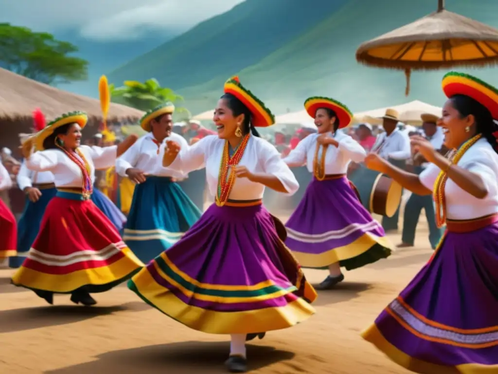 Festival tradicional en América del Sur con colores vibrantes, música, danza y alegría