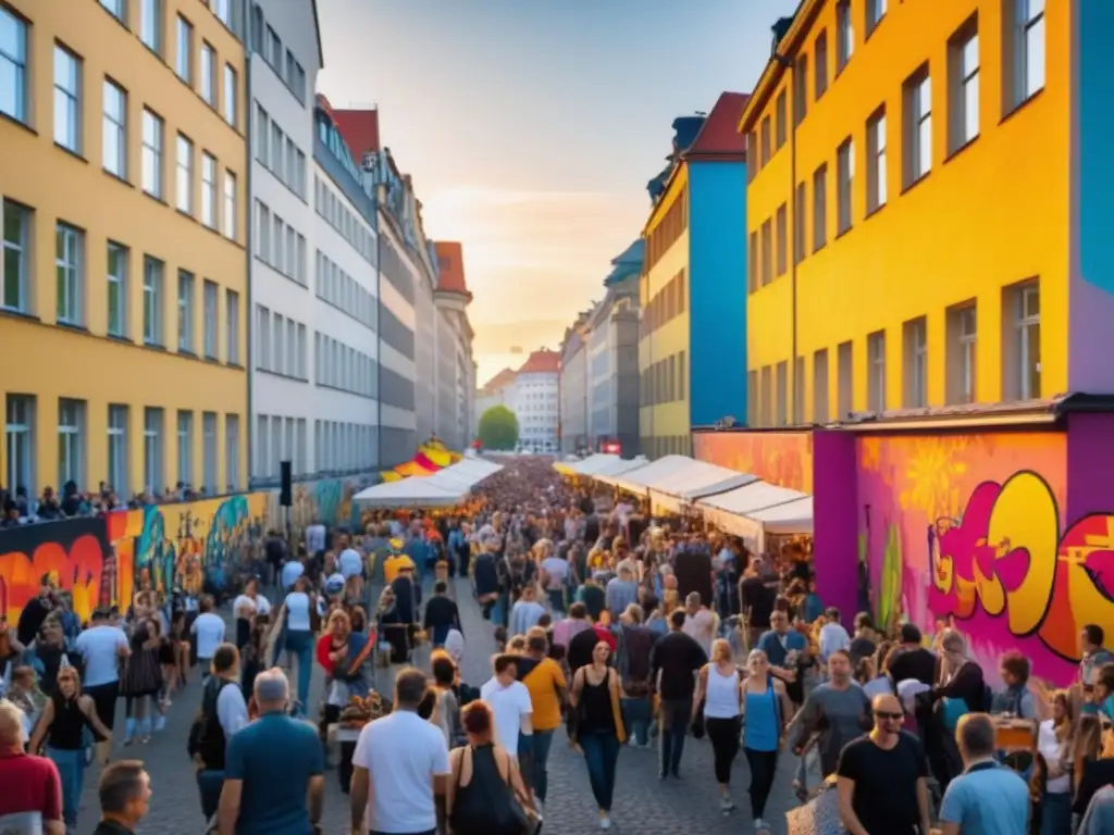 Festival Urbano en Berlin: Arte, cultura y comunidad en vibrante calle llena de graffiti y puestos creativos