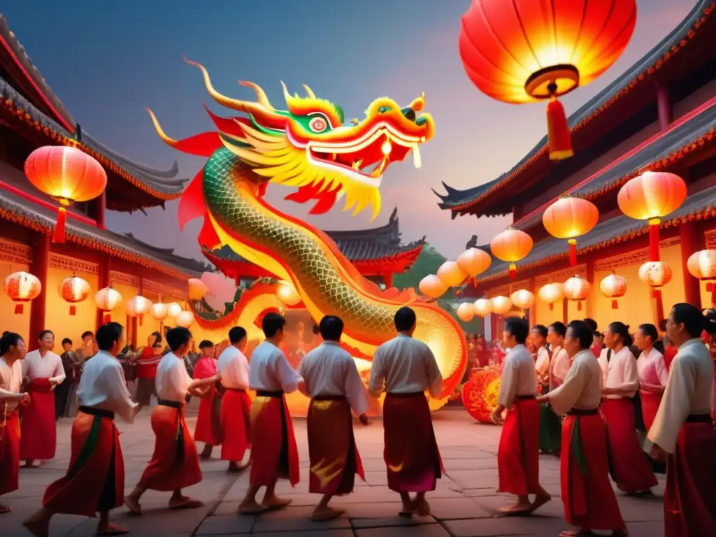 Imagen de festival tradicional en Asia con dragón danzante y espectadores, evocando festivales tradicionales en todo el mundo