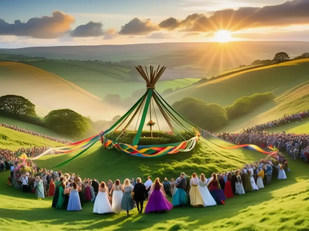 Festival Beltane: paisaje celta místico con Maypole, danza tradicional y conexión sagrada con la naturaleza