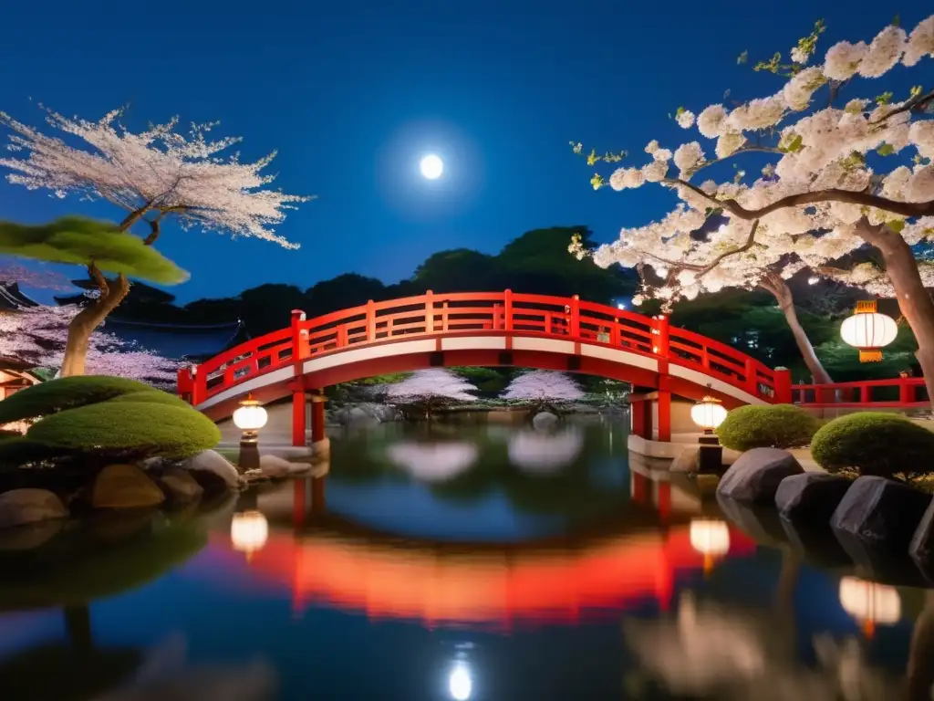 Festival Bon Odori Japón: Serenidad y belleza en un jardín japonés iluminado por la luna