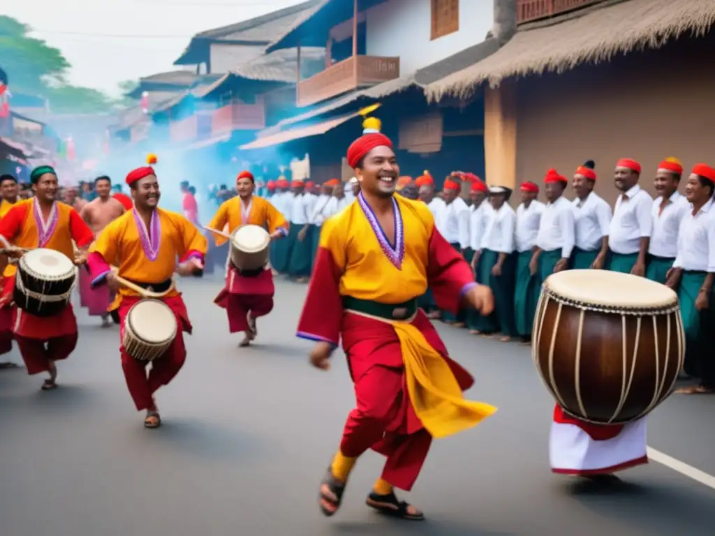 Escena vibrante y animada de un festival tradicional con hombres participando activamente en diversas actividades