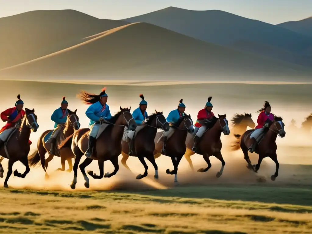 Festival Carreras Caballos Mongolia extinción: Majestuosos caballos galopan en la vasta estepa mongol al amanecer