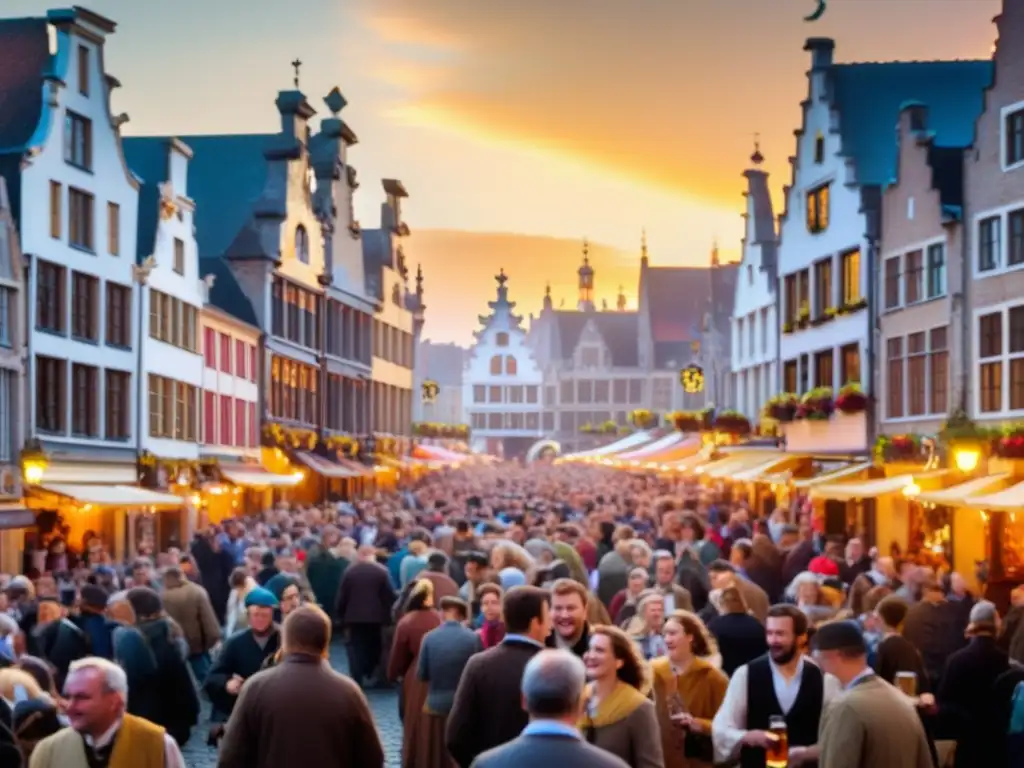 Festivales tradicionales de cerveza en Bélgica, escena vibrante de festival con cervezas, comida y ambiente festivo