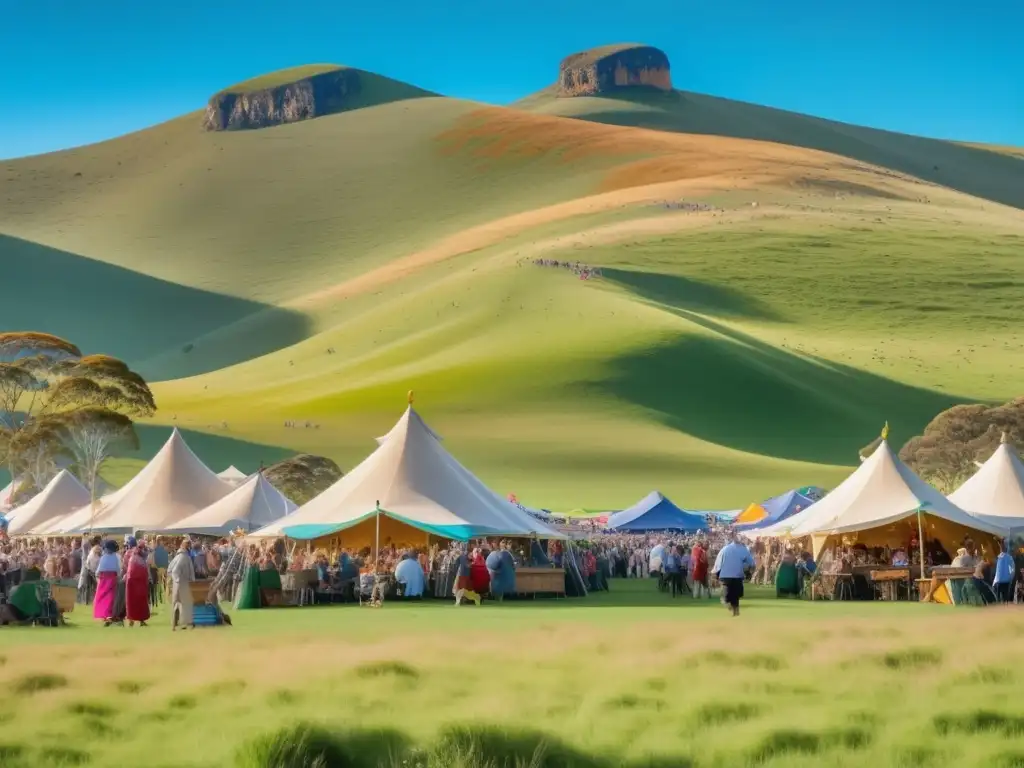 Escena vibrante y etérea de un festival de cerveza tradicional en Australia con paisaje pintoresco, gente animada y decoración colorida