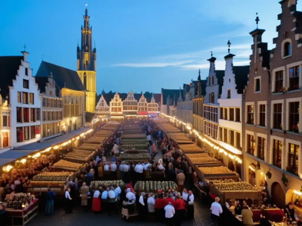 Festivales cerveza Bélgica: escena vibrante con arquitectura medieval, puestos de madera y tradiciones