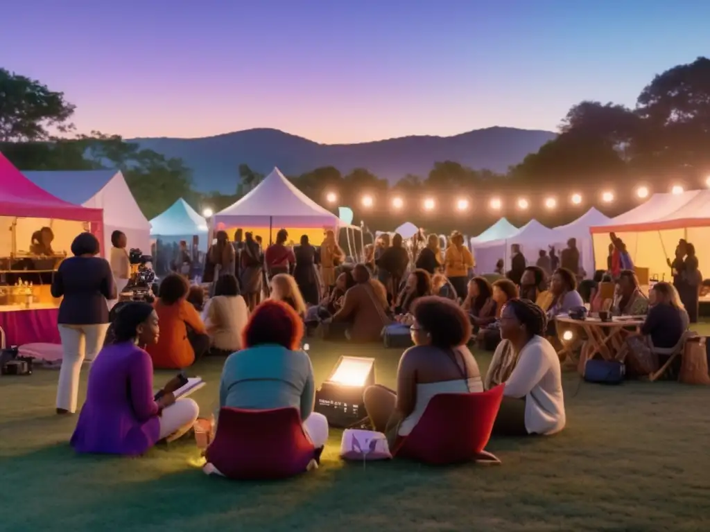 Mujeres en festivales de cine: Escena vibrante al anochecer con iluminación etérea, donde cineastas conversan y exhiben sus obras