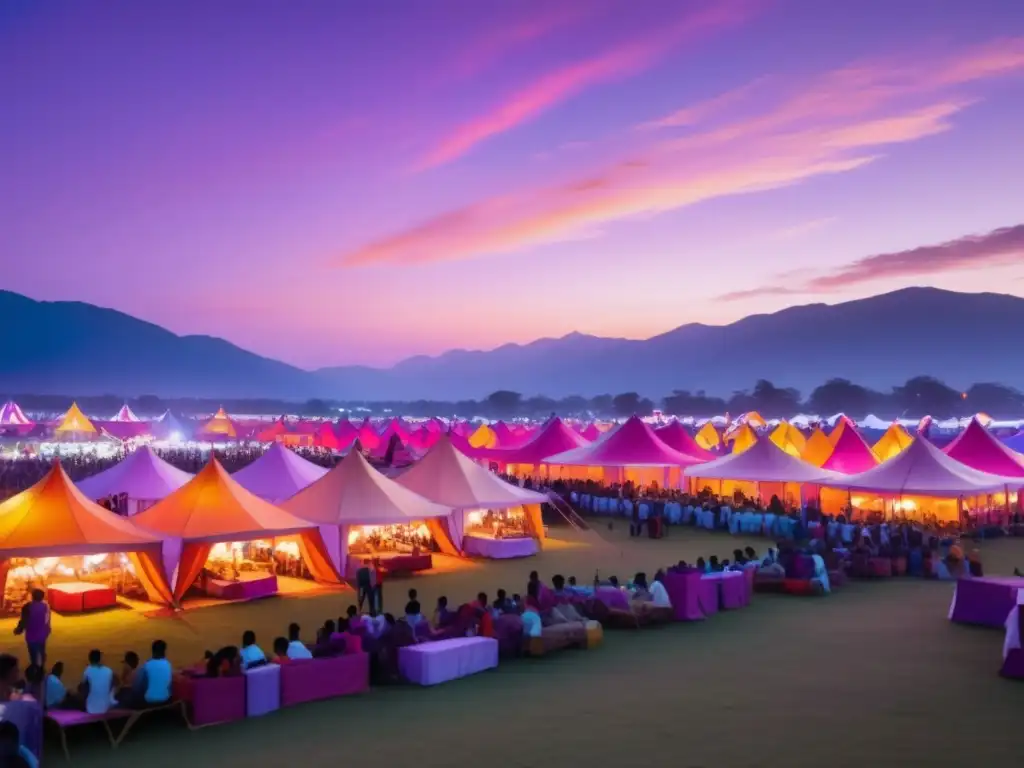 Festival de cine sostenible al atardecer: un escenario vibrante y etéreo, con colores pastel, actividades y moda ecofriendly