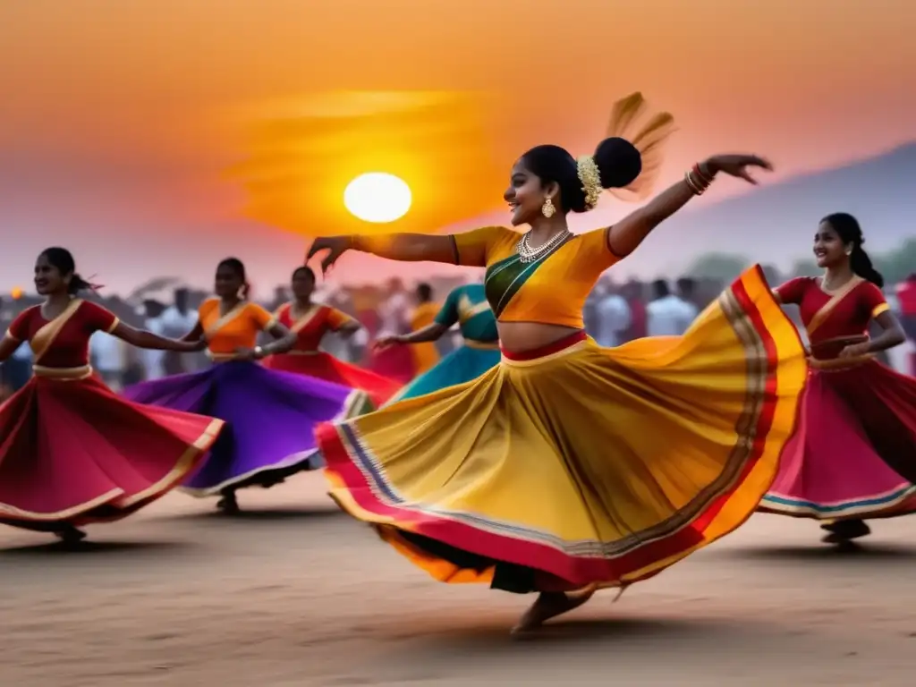 Foto narrativa festivales: escena vibrante al atardecer, multitud animada con trajes tradicionales, danzas, música, mercado y patrimonio cultural