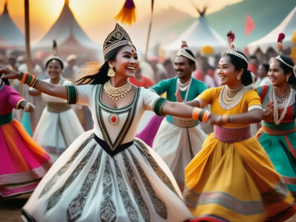 Fotografía de festivales históricos: escena vibrante y colorida capturada en blanco y negro, con danzas, trajes elaborados y rica herencia cultural