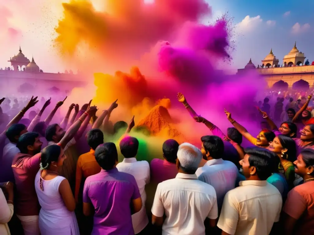 Celebración del Festival de los Colores en India: una imagen vibrante y etérea que muestra una escena llena de vida, con personas cubiertas de polvos coloridos en medio de una nube de colores, creando un espectáculo visual hipnotizante