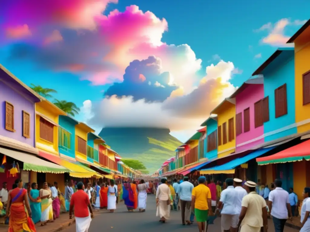 Tradiciones Festival de Colores en Mauricio: vibrante escena callejera con gente, atuendos coloridos y polvos de colores creando una nube mágica