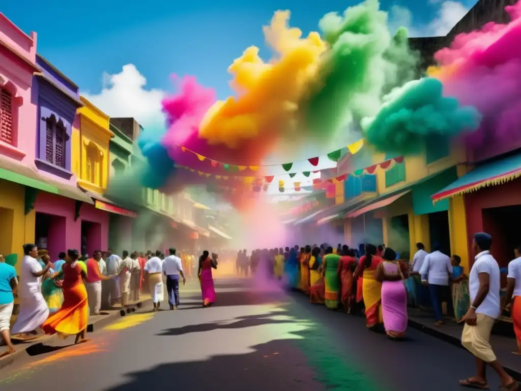 Celebración vibrante del Festival de los Colores en Mauricio: Tradiciones y cultura en un callejón decorado con arte y colores