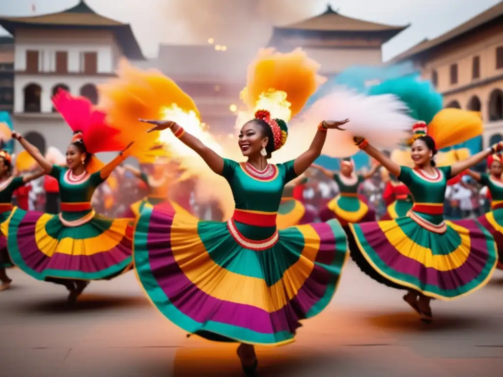 Guía documental festivales y celebraciones: Escena vibrante de un festival cultural en una plaza llena de color, movimiento y tradiciones