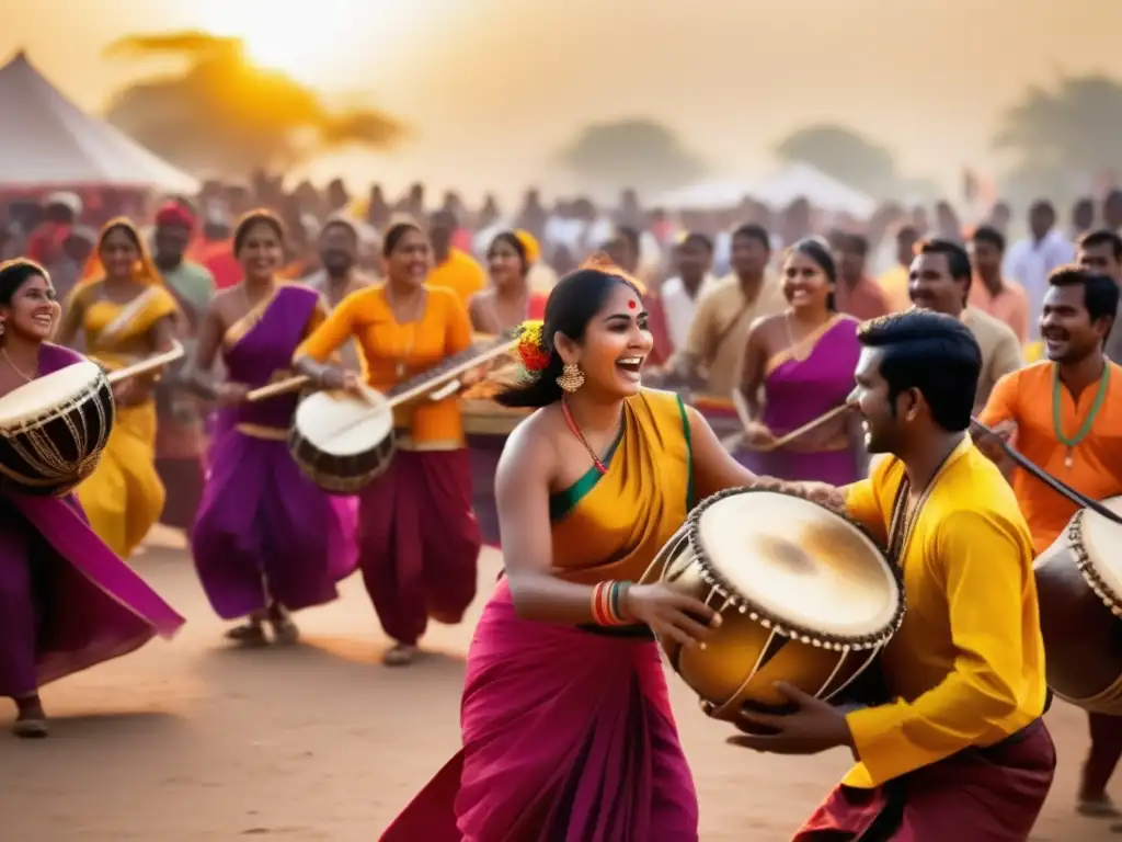 Guía documental festivales y celebraciones: Escena vibrante de festival con música, danza, risas y colorida vestimenta tradicional