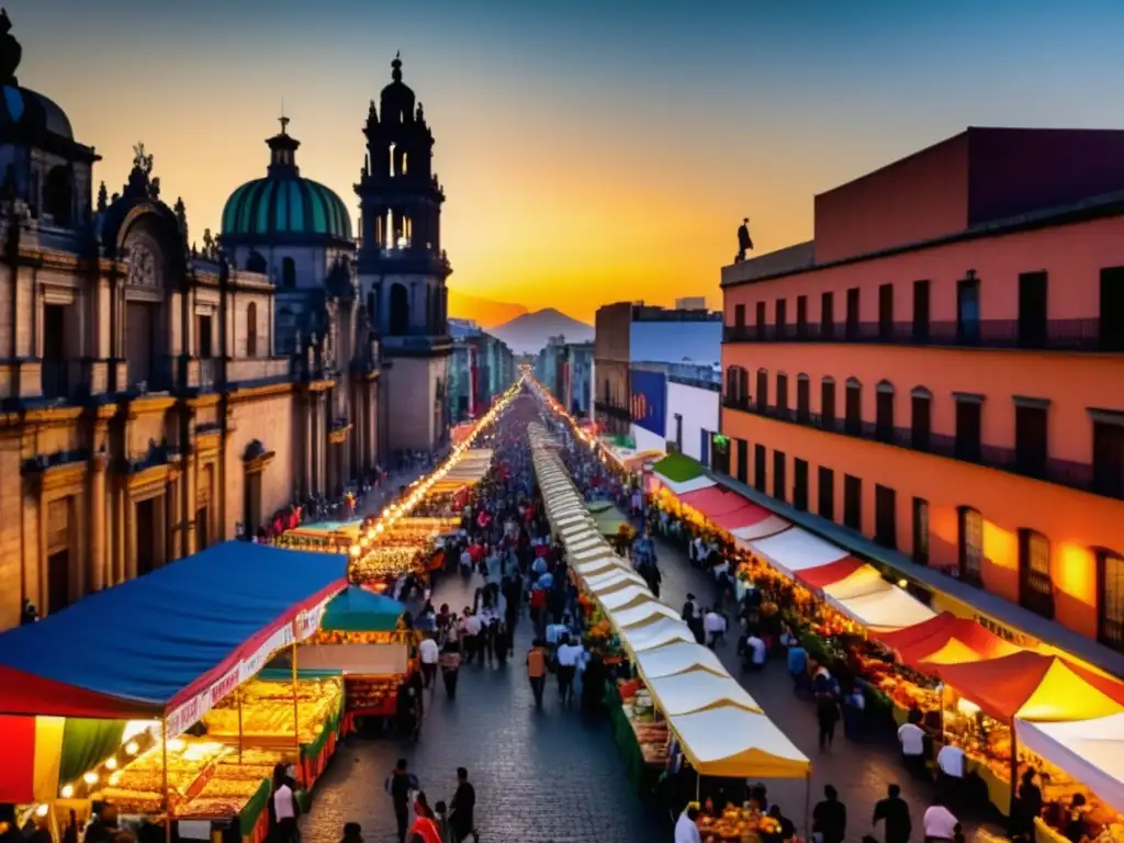 Festival de comida callejera en México: escena vibrante de una calle llena de vida, sabores y cultura