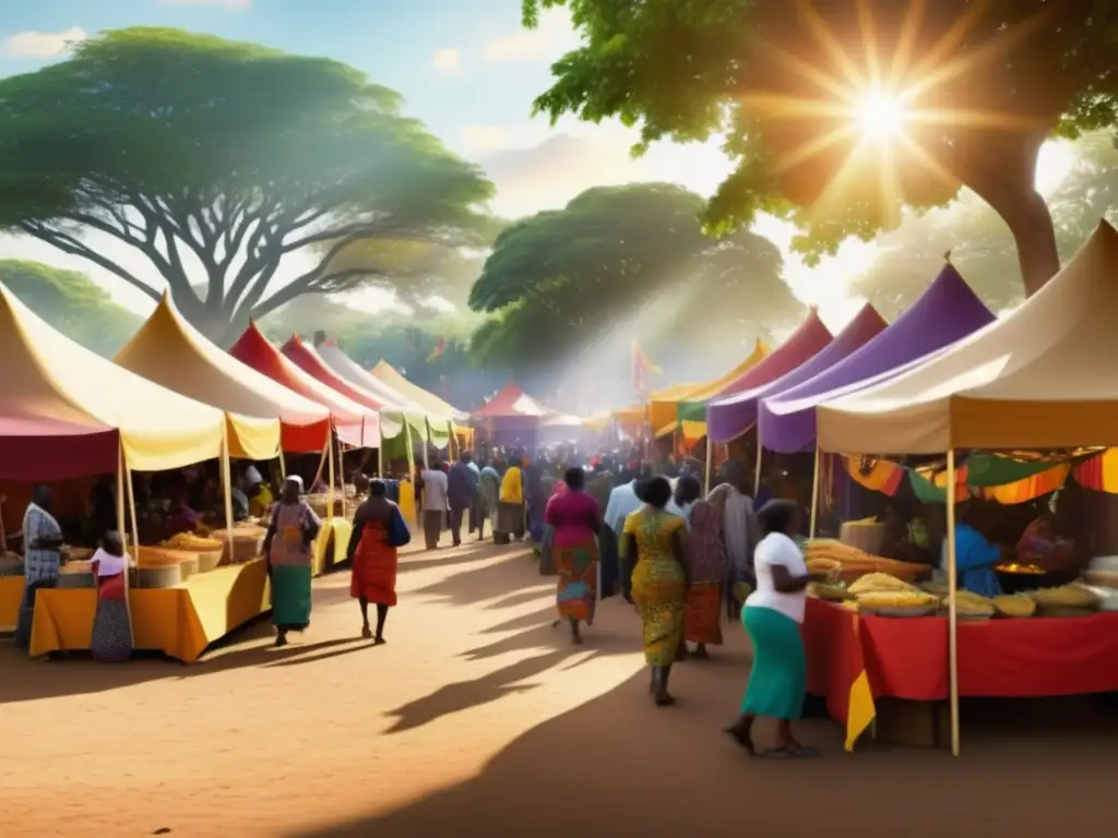 Comidas tradicionales africanas en festivales: una imagen etérea y realista de un animado festival de comida africana