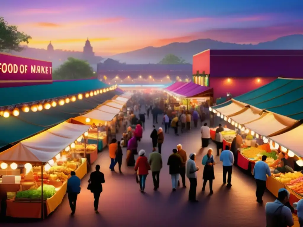 Mercado de comida al aire libre con colores vibrantes, luces brillantes y emoción