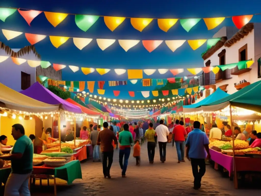 Festival de comida callejera en México: escena vibrante con puestos de comida coloridos, luces decorativas y ambiente festivo