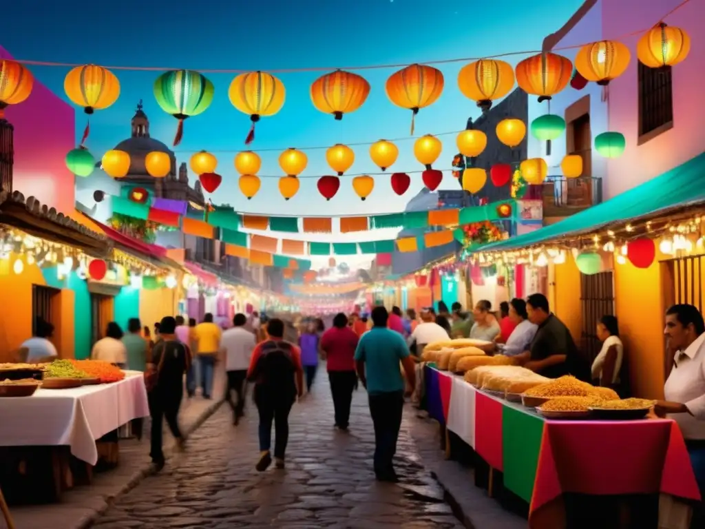 Festival de comida callejera en México, calle llena de colores, luces y comida deliciosa