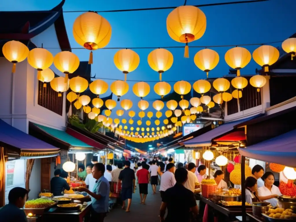 Festival comida callejera Tailandia: ambiente mágico con delicias gastronómicas, coloridas calles y arquitectura tradicional