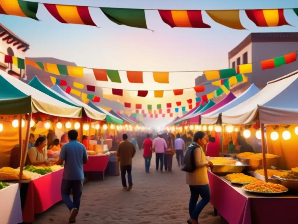 Festival gastronómico mundial con puestos de comida, luces coloridas y personas disfrutando la diversidad culinaria