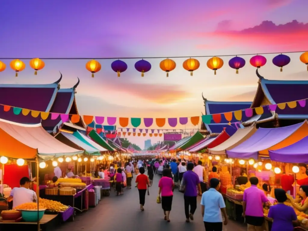 Festival comida callejera Tailandia, vibrante escena con puestos de comida, gente disfrutando y hermoso atardecer