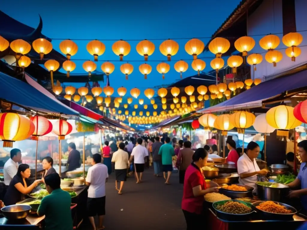 Festival comida callejera Tailandia: Escena vibrante de calles bulliciosas con puestos de comida, templos y arquitectura tradicional