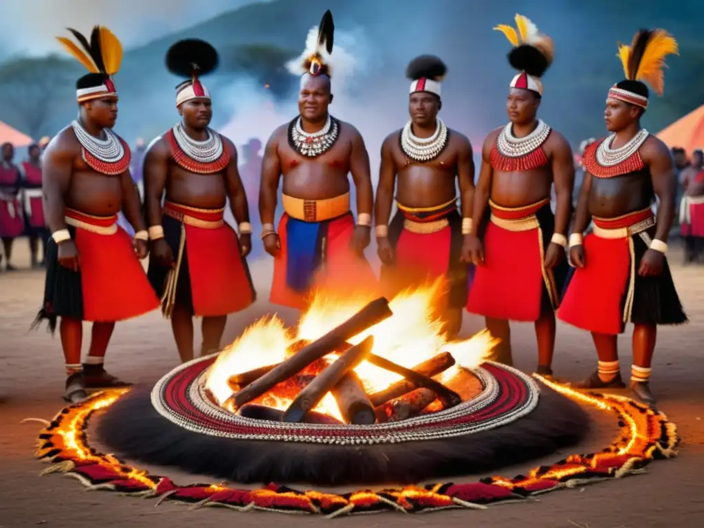 Festival Danza Fuego Swazilandia: Grupo de bailarines swazis en trajes tradicionales alrededor de una hoguera