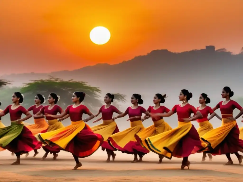 Festivales tradicionales música moderna, danza y armonía en un paisaje místico al atardecer