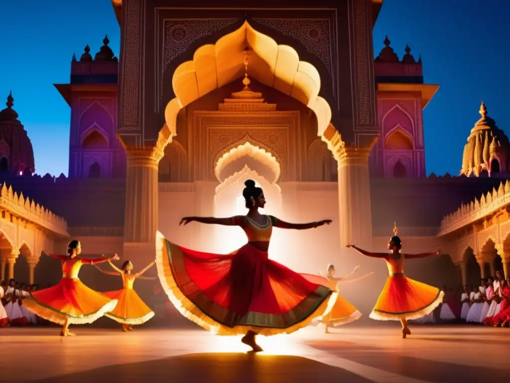 Festival danzas sagradas tradicionales en India con temple iluminado, música sagrada y trajes vibrantes